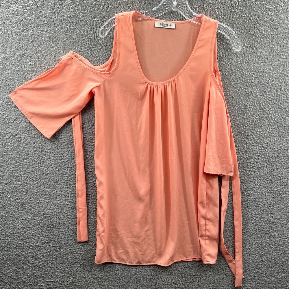 Womens Boho Cold Shoulder Blouse S Peach Flowy Tie‎ Sleeve Soft Feminine Top